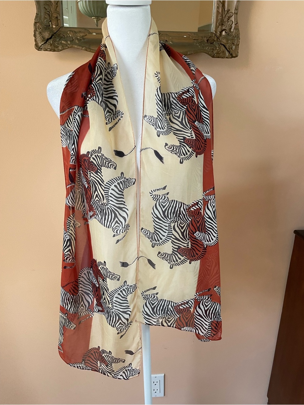 Lightweight Sheer Cream and Rust Zebra Print Scarf  So many ways to wear